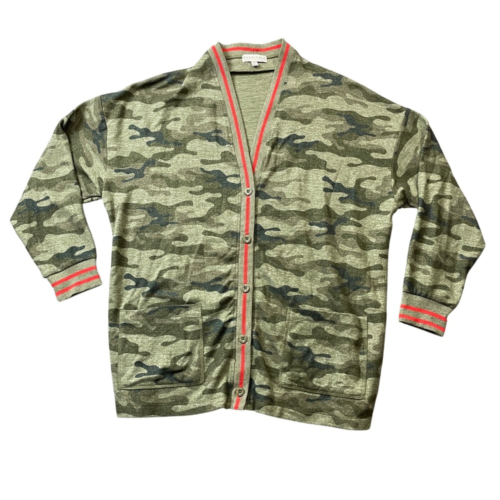 PJ Savage Small Camo Cardigan w/ Pockets 3/4 Sleeve Polyester Blend
